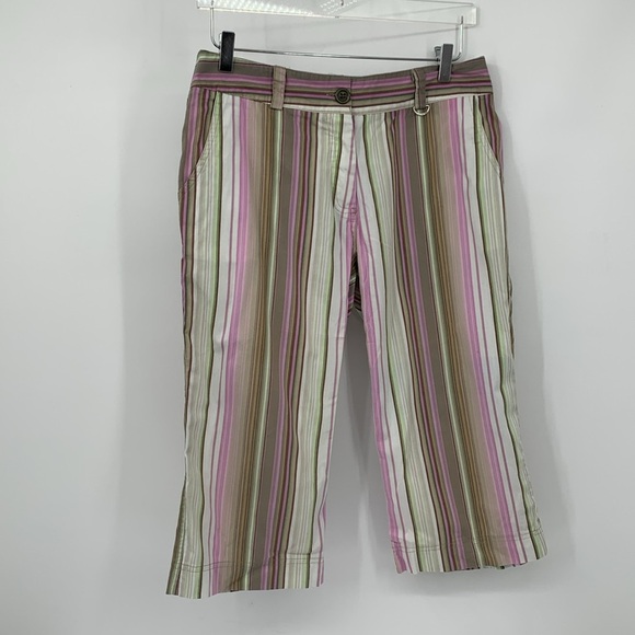 Lija Golf flat front capri cropped straight leg pants stripe pink green tan 10 - Picture 1 of 4